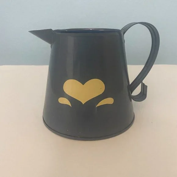 Metal Pitcher Planter Vase Blue With Beige Heart And Plastic Insert 4.5 Inches - Picture 2 of 12